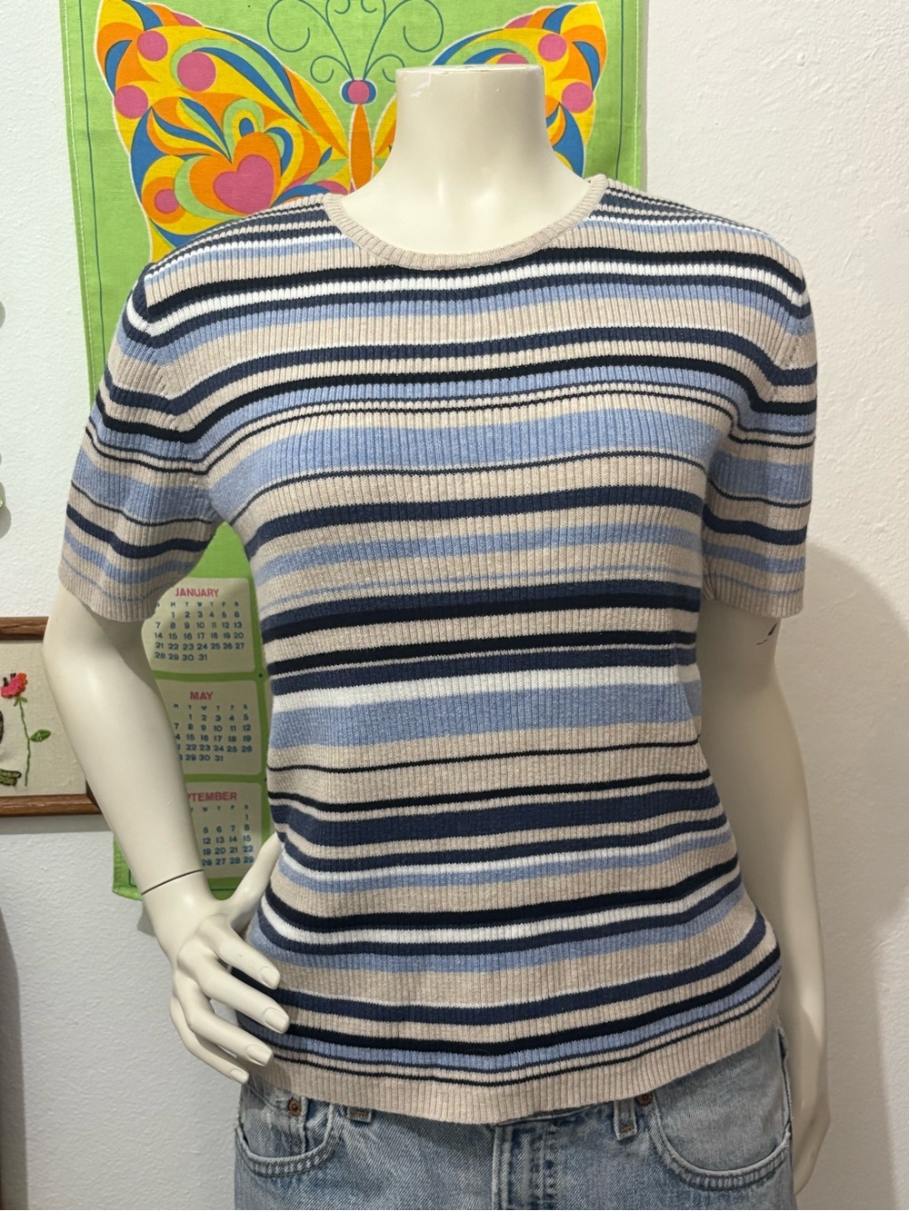 Women’s Talbots small knit cotton short sleeve blue and cream striped shirt